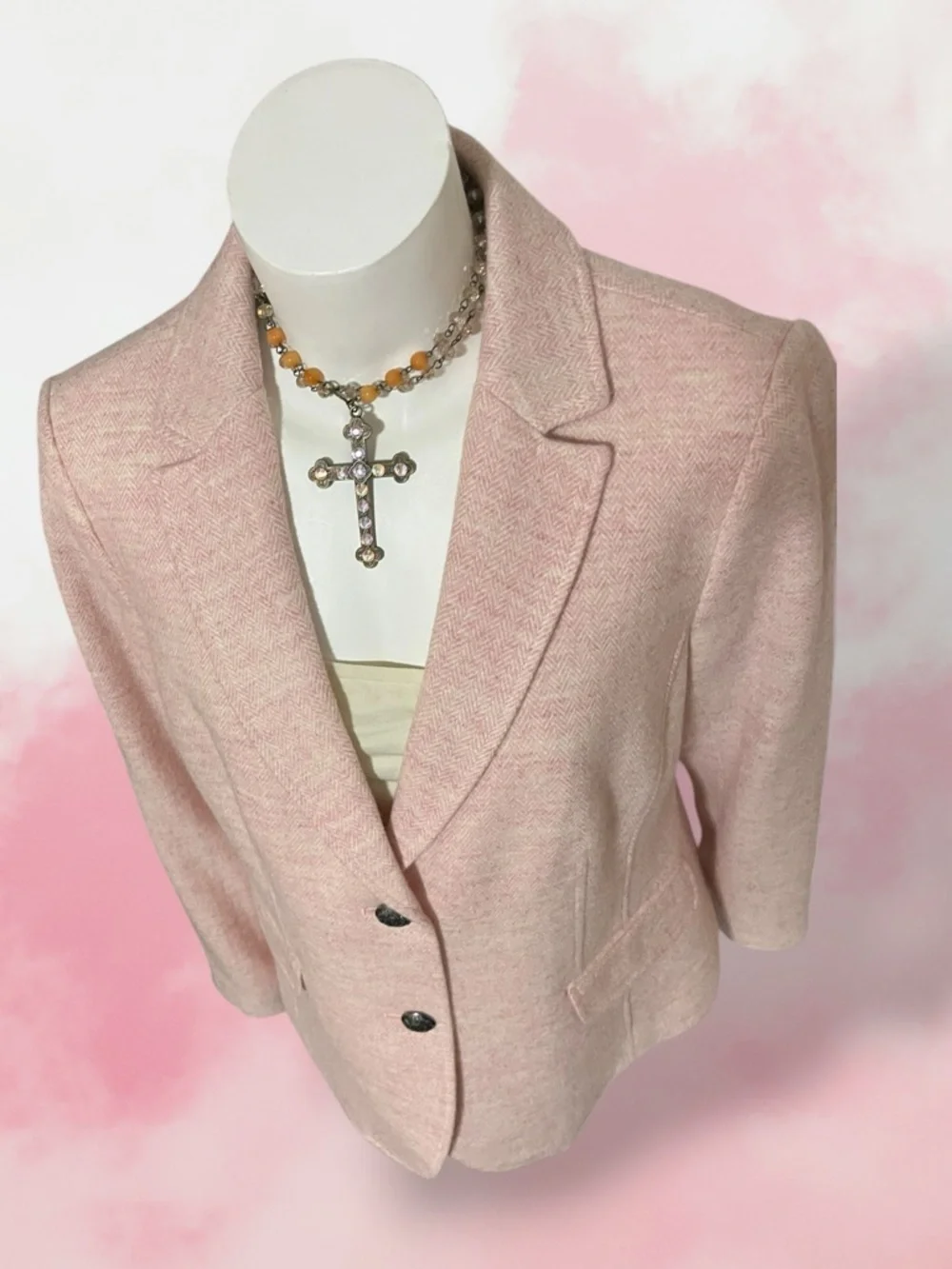 Talbots SHETLAND WOOL BLAZER - HEATHERED Houndstooth Size 12 Pink Lined
